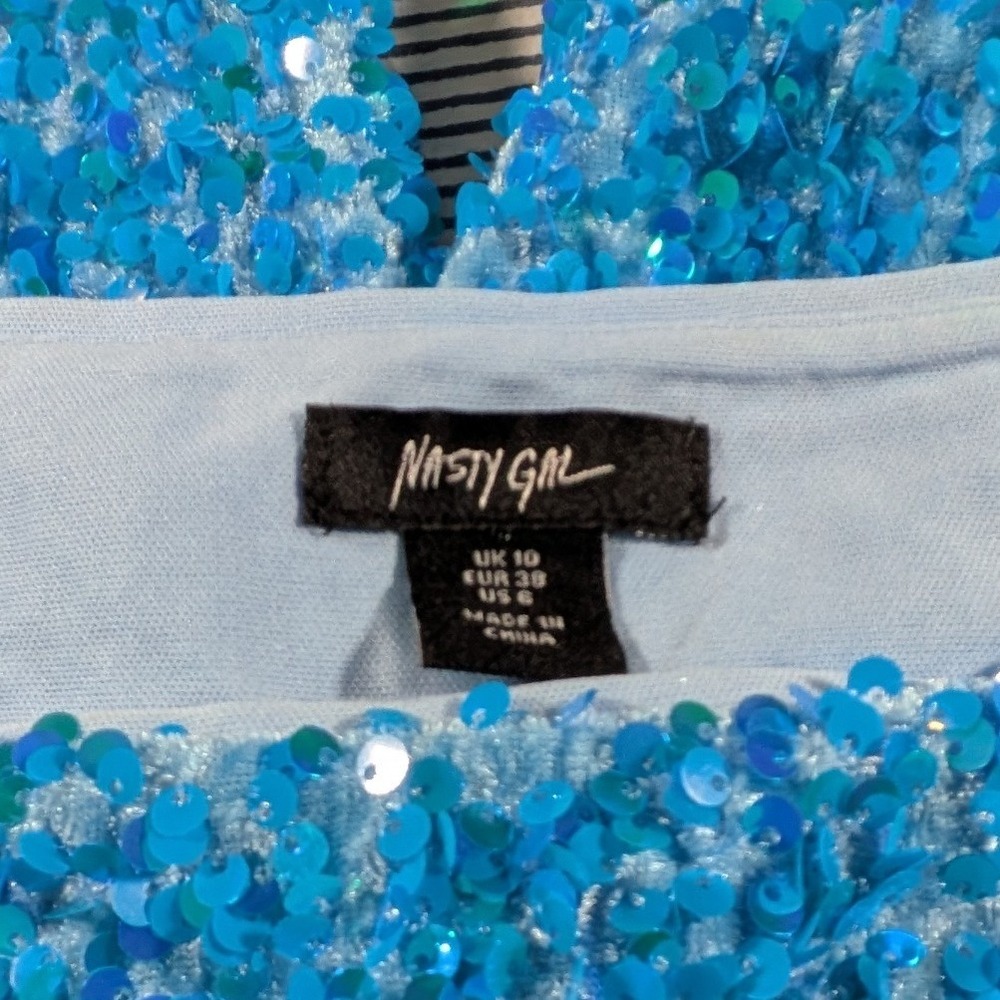 Nasty Gal $326 Size 6 Teal Blue Sequin Two Piece Set Cropped Blazer Flare Pants - Picture 4 of 16